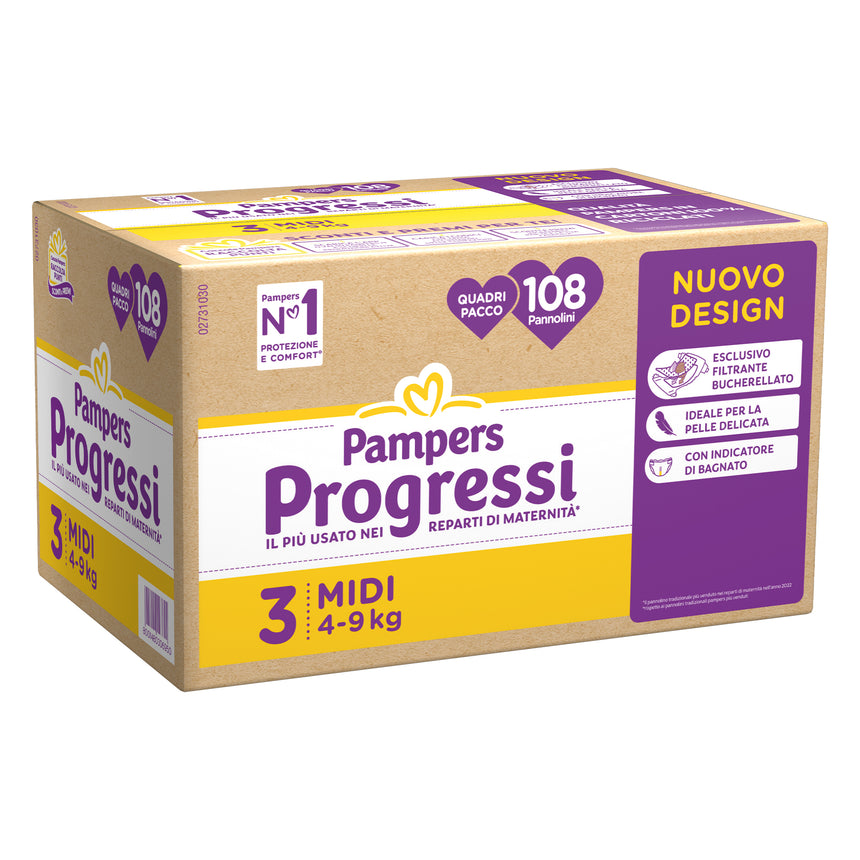 Pampers Pannolini Progressi Taglia 3 (4-9 kg) Quadripacco 108 pezzi