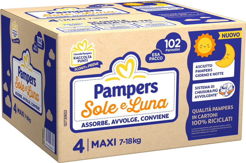 Pampers Pannolini Sole e Luna Taglia 4 (7-18 kg) Esapacco 102 pezzi