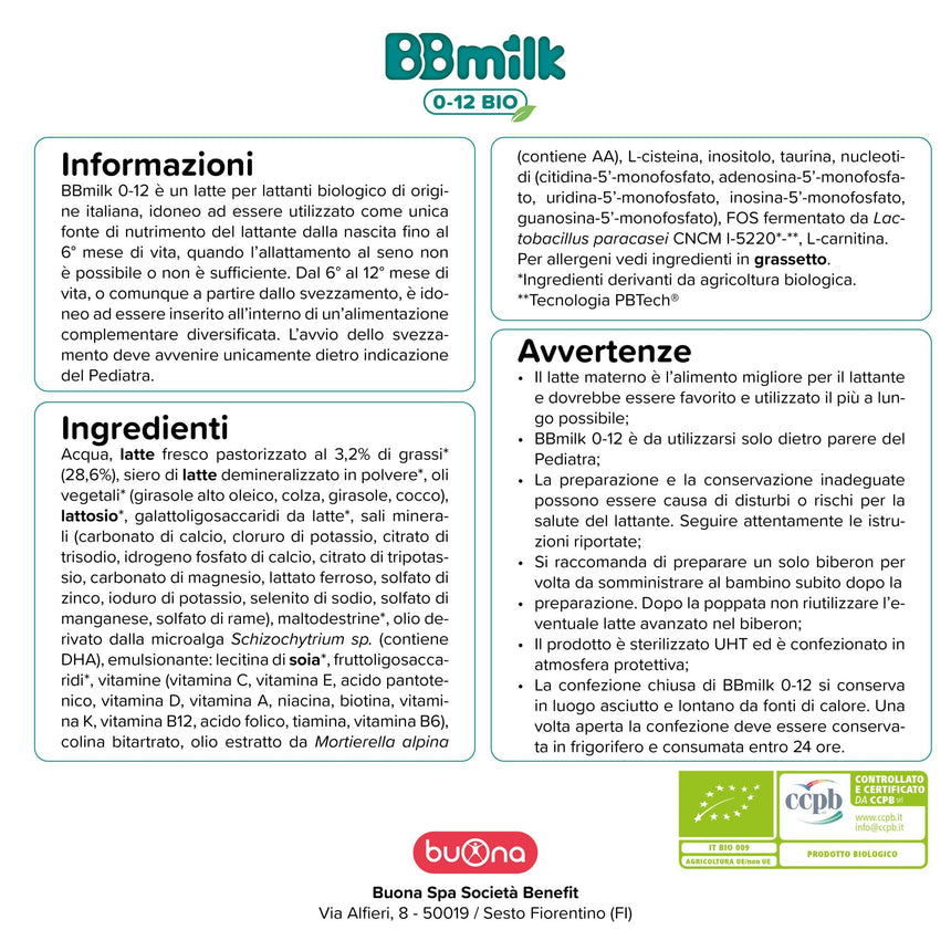 Buona Latte di Proseguimento BBmilk 0-12 mesi Bio liquido 500 ml