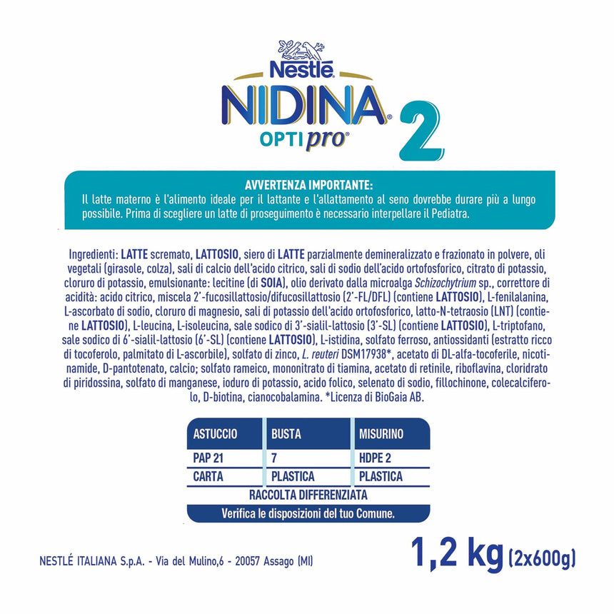 Nestlé Nidina Optipro Latte di Proseguimento 2 in polvere 1,2 kg (2x600 g)