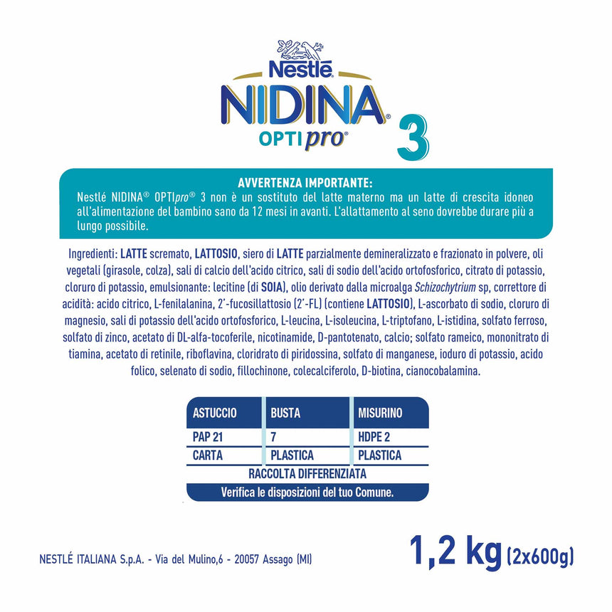 Nestlé Nidina Optipro Latte di Crescita 3 in polvere 1,2 kg (2x600 g)